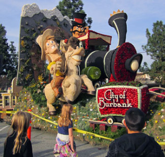 Photo: FLLewis/ Media City G -- Burbank Rose float 2014 on display at parking lot across from the Central Library on North Glenoaks Boulevard, January 3, 2014