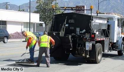 Photo: FLLewis/ Media City G -- Public Works crew were out making repairs on Olive Avenue near Lomita Street in Burbank April 24, 2014