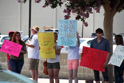 Photo: Greg Reyna Freelance Photog -- Protesters in front of Burbank Hobby Lobby July 12, 2014