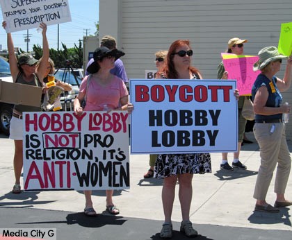 Photo: FLLewis/Media City G -- Protesters rallied in front of Hobby Lobby in Burbank July 7, 2014