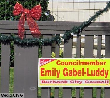 Photo: FLLewis / Media City G -- Emily Gabel- Luddy campaign sign shares space with holiday decorations on West Verdugo Avenue in Burbank December 29, 2014