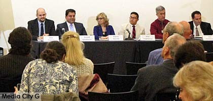 Photo: Grey Reyna / Freelancer / Media City G -- (l-r) 2015 Burbank School Board candidates S. Ferguson, A.Aghakhanian, R.Reynolds,J.Tangkhpanya, G.Sousa, and V.Hovanessian seated at a table during a candidates' forum inside Woody's Cafeteria at Woodbury University in Burbank February 4, 2015