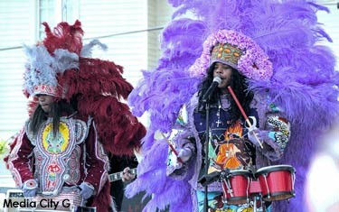 Photo: Greg Reyna/ Media City G -- Performers jam in costume in New Orleans, Louisiana April 2015