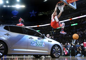 Photo: Wally Skalij/Los Angeles Times -- Clipper Blake Griffin slam dunks over a car at Staples Center in  Los Angeles February 19, 2011
