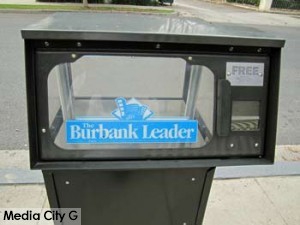 Photo: FLLewis/Media City G -- The Burbank Leader newsrack at Mariposa Street and Riverside Drive in Burbank