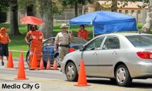 Photo: FLLewis/ Media City G -- CHP officer provided traffic control during BAR survey on West Olive Avenue in Burbank July 28, 2014