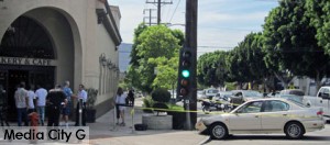 Photo: FLLewis/ Media City G -- Car crashed into a traffic signal light pole in front of Porto's at Magnolia Boulevard and Hollywood Way in Burbank July 28, 2014