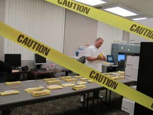 Photo: FLLewis/Media City G -- Caution tape blocked off the entrance to a room where the General Election ballots were sorted after 7 p.m. at Burbank City Hall April 9, 2013