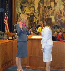 Photo: FLLewis/ Media City G -- (l-r) Burbank Deputy Clerk, Susan Domen administered the oath of office to newly elected City Clerk, Zizette Mullins at Burbank City Hall May 1, 2013