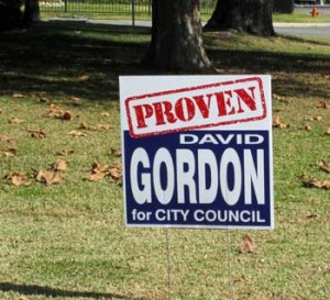 Photo: FLLewis/Media City G --- Burbank Councilman David Gordon' campaign sign in the Rancho District of Burbank January 7, 2013