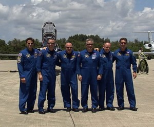 Photo:  NASA TV -- Endeavour crew led by Commander Mark Kelly arrived at Kennedy Space Center in Florida today to begin prelaunch preparations  April 26, 2011