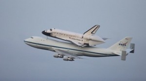 Photo courtesy NASA -- A shuttle carrier aircraft with Endeavour mounted on top took off from Kennedy Space Center in Florida today September 19, 2012