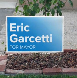Photo: FLLewis/Media City G -- Eric Garcetti for mayor sign on South Griffith Park Drive near West Verdugo Avenue in Burbank March 29, 2013