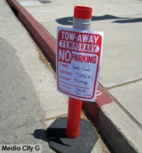 Photo: FLLewis/ Media City G -- Notice of filming posted on West Olive Avenue near Victory Boulevard in Burbank July 23, 2014