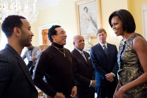 Photo: Samantha Appleton/White House -- First Lady Michelle Obama talked with singers John Legend, Smokey Robinson, Motown Records Founder Berry Gordy, Jr., and Grammy Museum Executive Director Bob Santelli at the White House February 24, 2011
