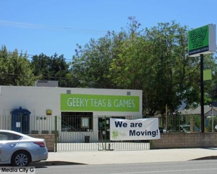 Photo: FLLewis / Media City G -- Moving banner hangs in front of Geeky Teas & Games 2120 West Magnolia Blvd. Burbank July 02, 2018