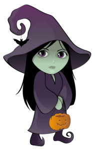 Clip art of Halloween witch with trick or treat pumpkin