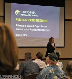 Photo: Greg Reyna /Freelancer/ Media City G -- Michelle Boehm, Southern CA Regional Director of the California High-Speed Rail Authority gave a presentation at the meeting in the Buena Vista Library in Burbank August 6, 2014