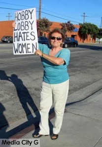 Photo: FLLewis/Media City  G-  Burbank resident Rosalie Savato took part in an anti-Hobby Lobby protest in Burbank July 9, 2014