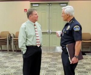 Photo: FLLewis/Media City G -- Burbank Human Relations Council President John Brady and Burbank Police Chief Scott LaChasse at the "Police and Human Relations" event, Buena Vista Library in Burbank, March 20, 2011