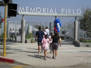 Photo: FLLewis/Media City G -- A steady stream of folks walked through the Memorial Field entrance Saturday morning for the dedication of the rebuilt athletic field at John Burroughs High School in Burbank February 25, 2012