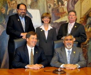 Photo: FLLewis/Media City G -- (l-r) Newly elected Vice-Mayor and Mayor Dave Golonski and Jess Talamantes, joined fellow Council members Dr. David Gordon, Emily Gabel-Luddy, and Gary Bric for photos at the end of the council reorganization meeting at Burbank City Hall May 2, 2011