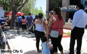 Photo: FLLewis/ Media City G -- Members waited in line for free lunch from In-N-Out burger truck at Burbank City Federal Credit Union June 19, 2014