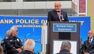 Photo: FLLewis/ Media City G -- A humorous remark from author James Ellroy gets a smile from Burbank Police Chief Scott LaChasse at Burbank Police and Fire Headquarters June 4, 2013