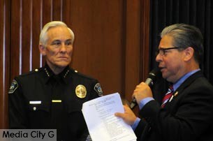 Photo: FLLewis / Media City G -- Police Chief Scott LaChasse and outgoing mayor Bob Frutos at Burbank City Council reorganization meeting May 2, 2016