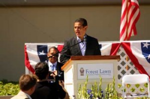 Photo: Terje "Terry" Canavarro/Freelance Photog -- Los Angeles Mayor Antonio Villaraigosa spoke at Memorial Day service at Forest Lawn Hollywood Hills May 28, 2012