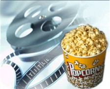 box of popcorn and movie reel in graphic