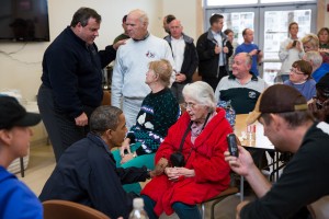 Photo: Pete Souza/White House -- President Barack Obama and New Jersey Governor Chris Christie talked with Sandy victims at a community center in Brigantine, N.J October 31, 2012