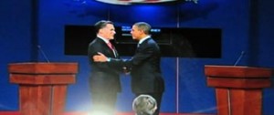 Photo: FLLewis/Media City G -- GOP challenger Mitt Romney and President Barack Obama shook hands at the start of the first presidential debate at the University of Denver in Denver, after PBS' Jim Lehrer, the moderator, introduced them October 3, 2012