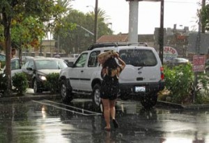 Photo: FLLewis/Media City G -- Trader Joe's shopper used grocery bag as protection from unexpected rain in parking lot at East Alameda Avenue and South San Fernando Boulevard in Burbank August 25, 2012