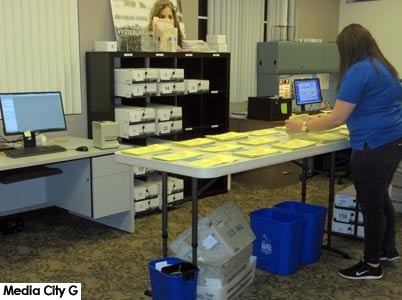 Photo: FLLewis / Media City G -- In a special room, ballot envelopes were sorted at Burbank City Hall Tuesday, February 28, 2017