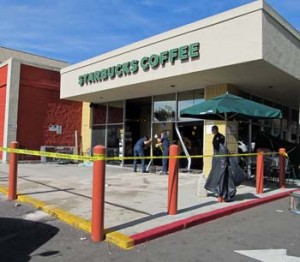 Photo: FLLewis/Media Cit G -- Glendale firefighters cleaned up after car crashed through the front of Starbucks at 1703 West Glenoaks Boulevard Glendale February 15, 2013