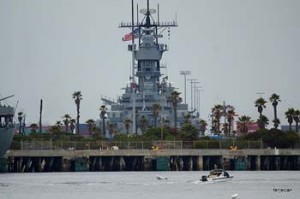 Photo: Terje "Terry" Canavarro/Freelance Photog -- The battleship  USS Iowa is towed into Los Angeles Harbor to its temporary location at Berth 51 June 2, 2012