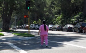 Photo: FLLewis/Media City G -- A female walker crosses West Alameda Avenue at South Keystone Street in Burbank October 2012