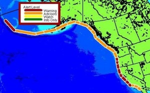 National weather service graphic -- Tsunami warning red, advisory orange, watch yellow, and information only green   March 11, 2011