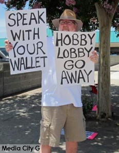 Photo: FLLewis/Media City G -- Burbank resident Steve Frintner joined the protest against Hobby Lobby in Burbank July 12, 2014