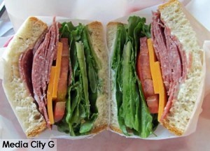 Photo: FLLewis / Media City G -- Salami and cheddar cheese sandwich at Backstage Cafe 2520 West Olive Avenue Burbank September 13, 2014