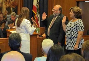 Photo: FLLewis/ Media City G -- Re-elected Burbank School Board member, Larry Applebaum and new School Board member Charlene "Char" Tabet, took the oath of office from Burbank City Clerk, Zizette Mullins at City Hall May 1, 2013