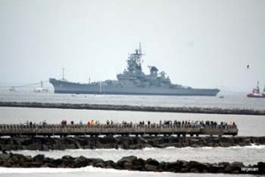 Photo:Terje "Terry" Canavarro/Freelance Photog -- Spectators and media turned out to see the retired battleship USS Iowa towed into Los Angeles Harbor June 2, 2012