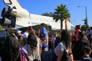 Photo: Terje "Terry" Canavarro -- Thousands turned out at the Forum in Inglewood to get a close view of Endeavour, before it moved on along Manchester Boulevard to its new home at the California Science Center not too far away October 13, 2012